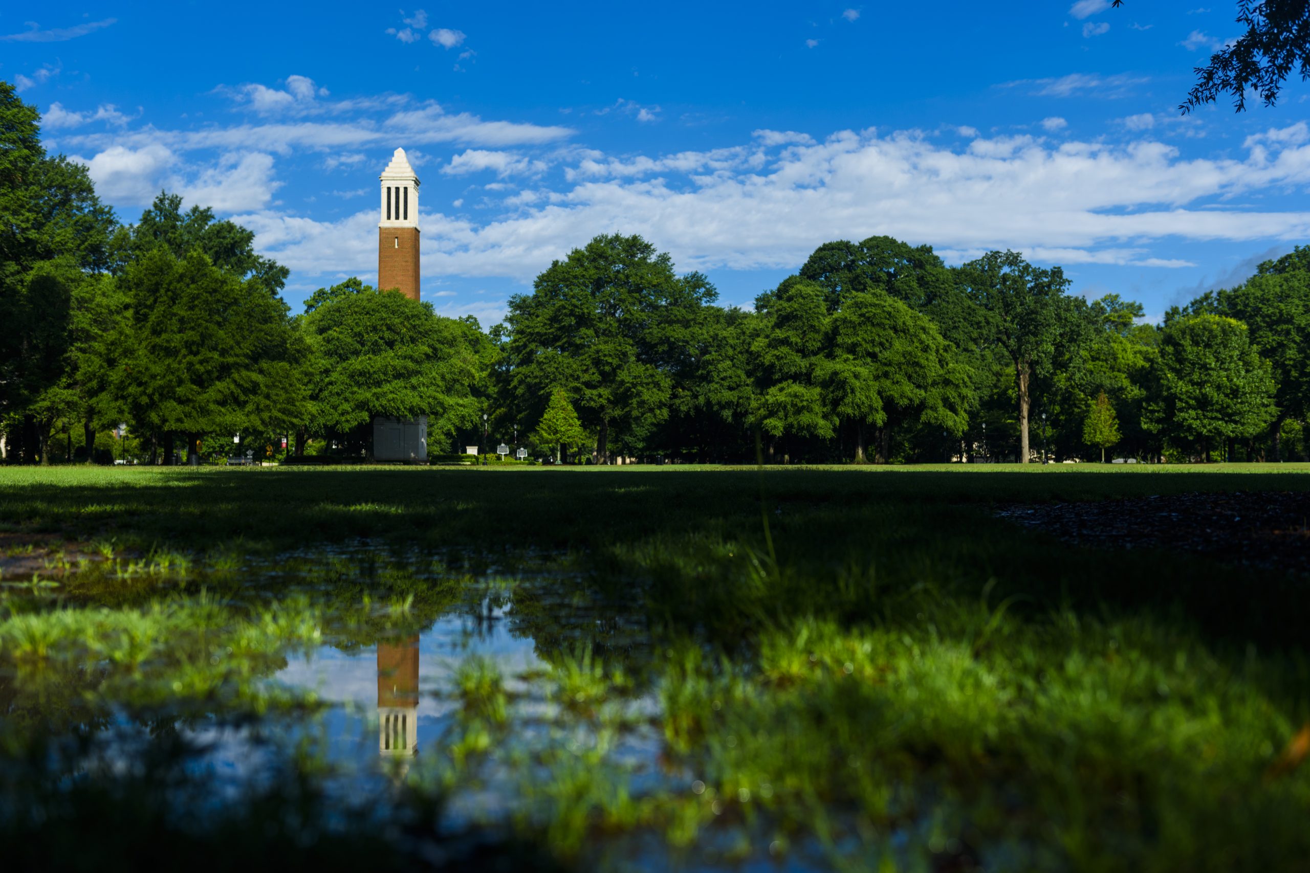 Denny Chimes reflected in a water puddle on quad