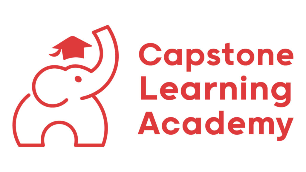 red elephant outline wearing a graduation cap with a white background, Capstone Learning Academy logo