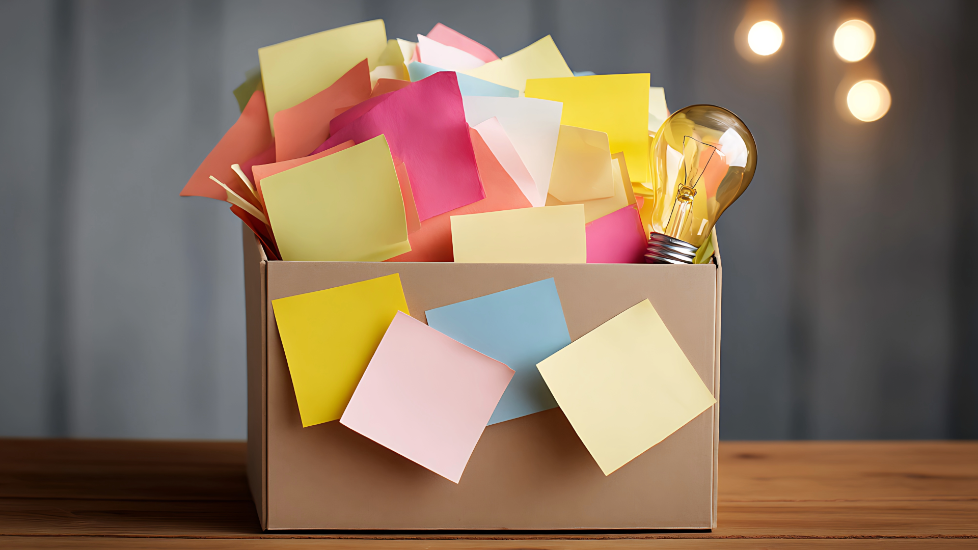A box full of post it notes and light bulb.