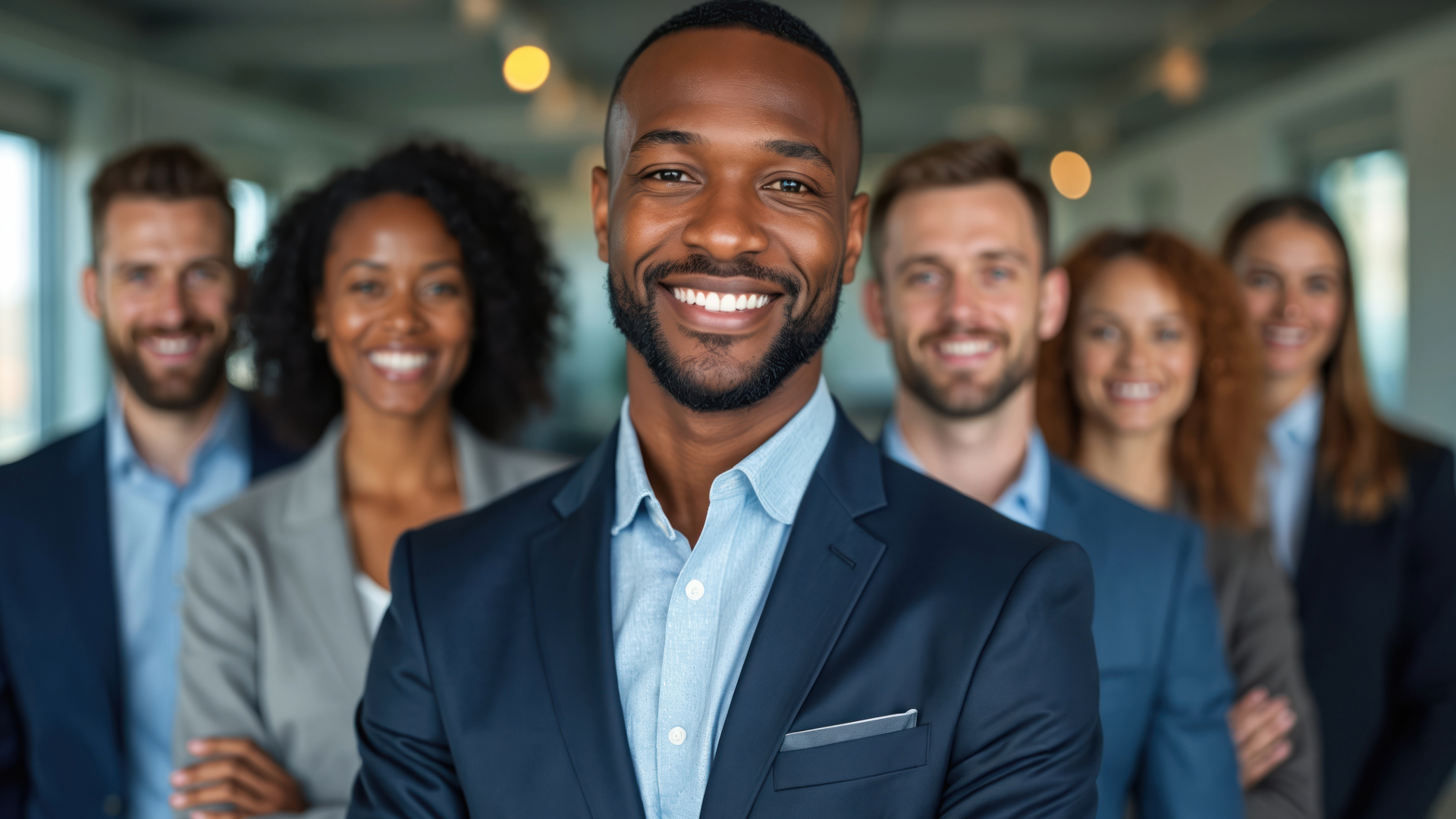 A picture of an African American man, with his team members behind him.