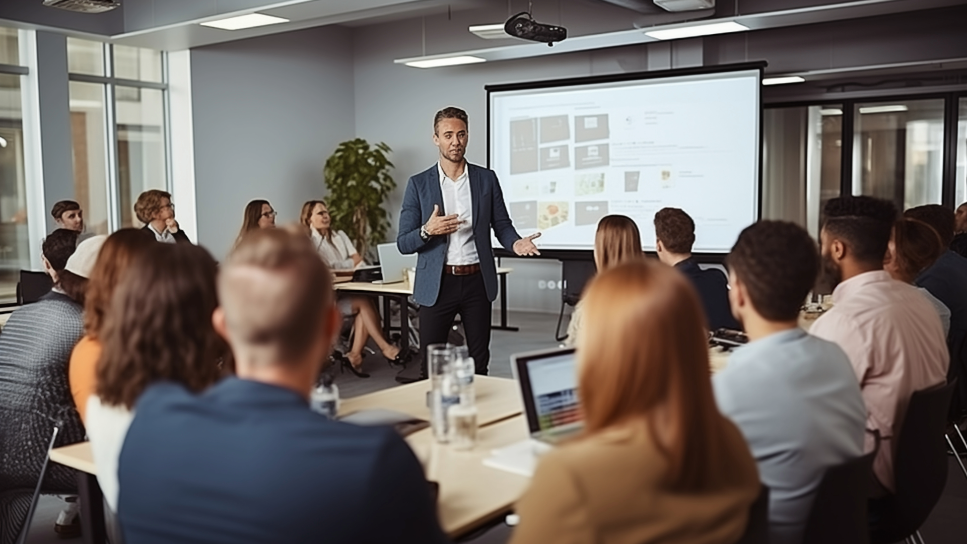 a picture of a classroom, with a male facilitator and several participants